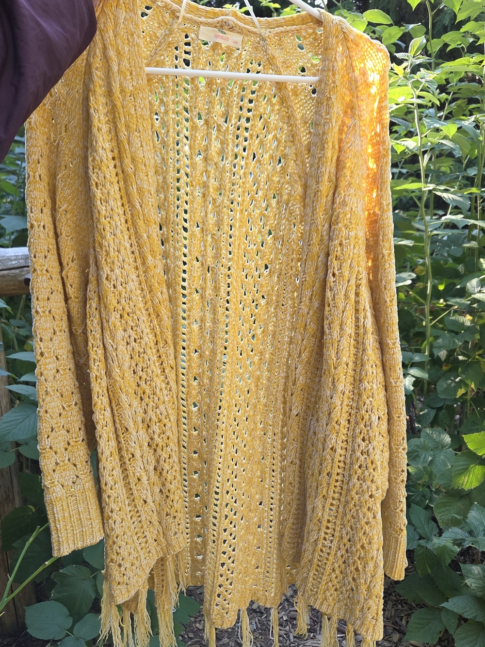 Hummingbird Mustard Yellow Open-Front Cable Knit Fringe Cardigan Sweater - Women
